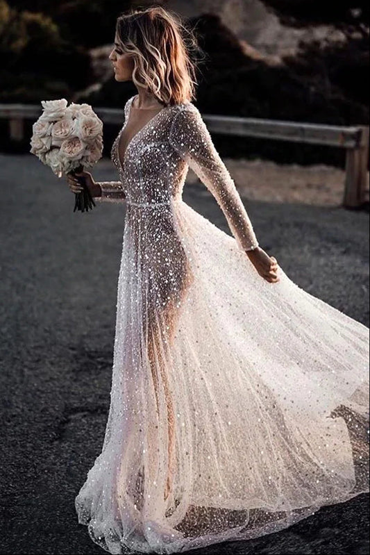 Long Sleeves A-Line Sequins Wedding Dress