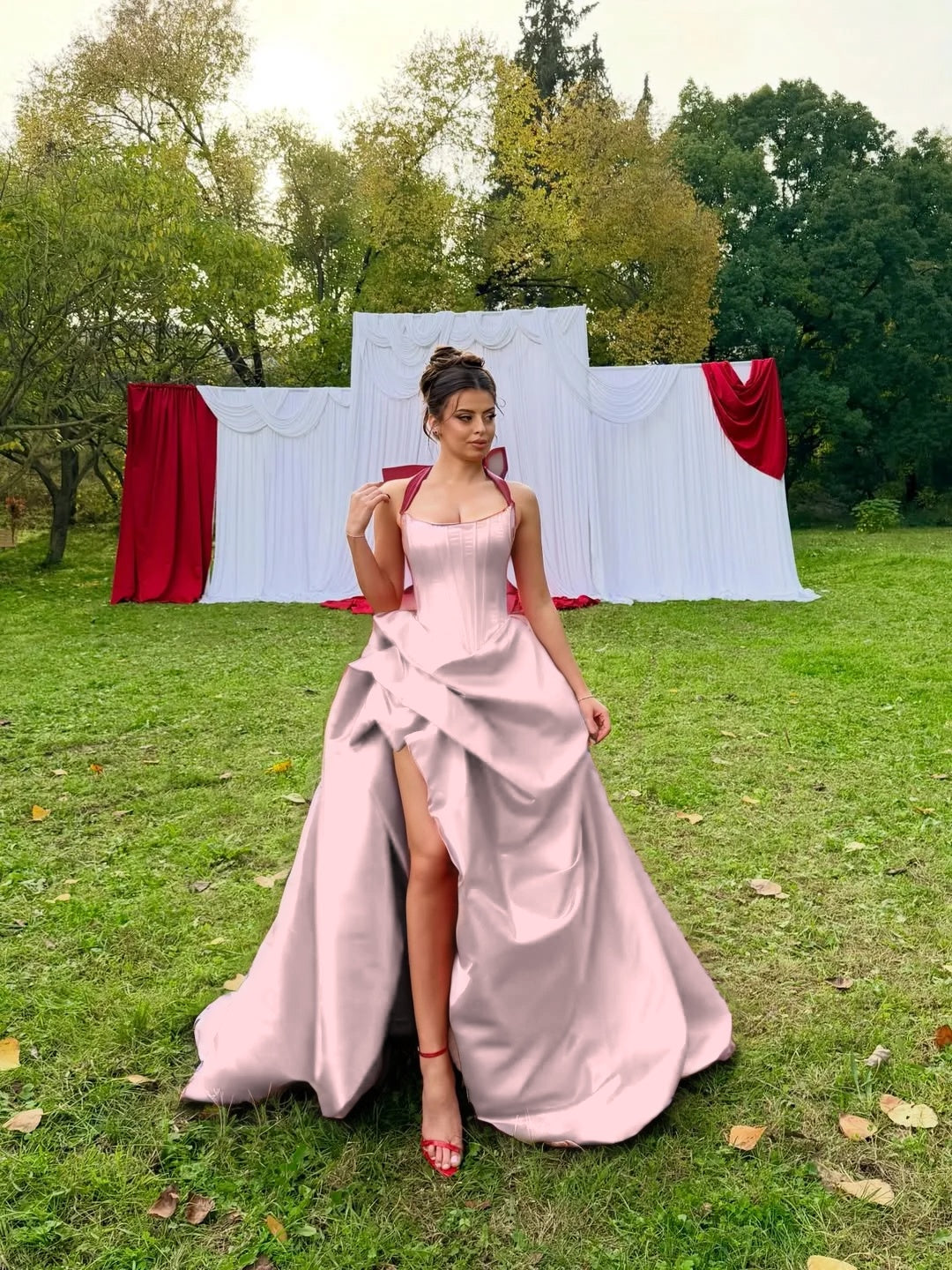 Halter Neck Strapless Sleeveless Long A-Line Prom Dress