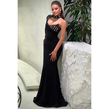 Sexy High Neck Beaded Black Long Sleeves Sparkly Formal Prom Dress