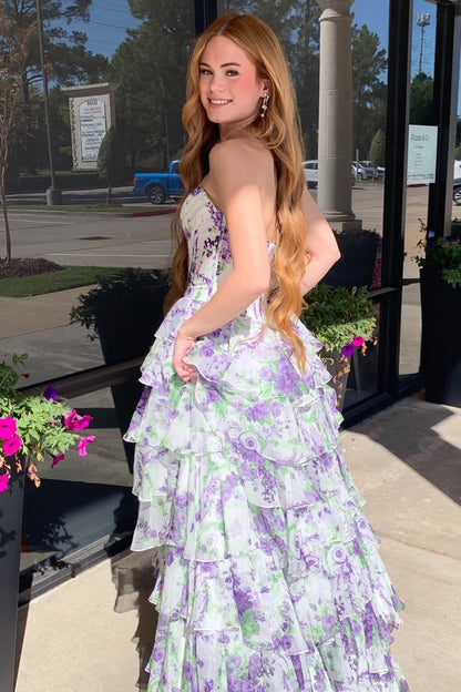 Cute A Line Sweetheart Lavender Floral Chiffon Tiered Prom Dress with Slit