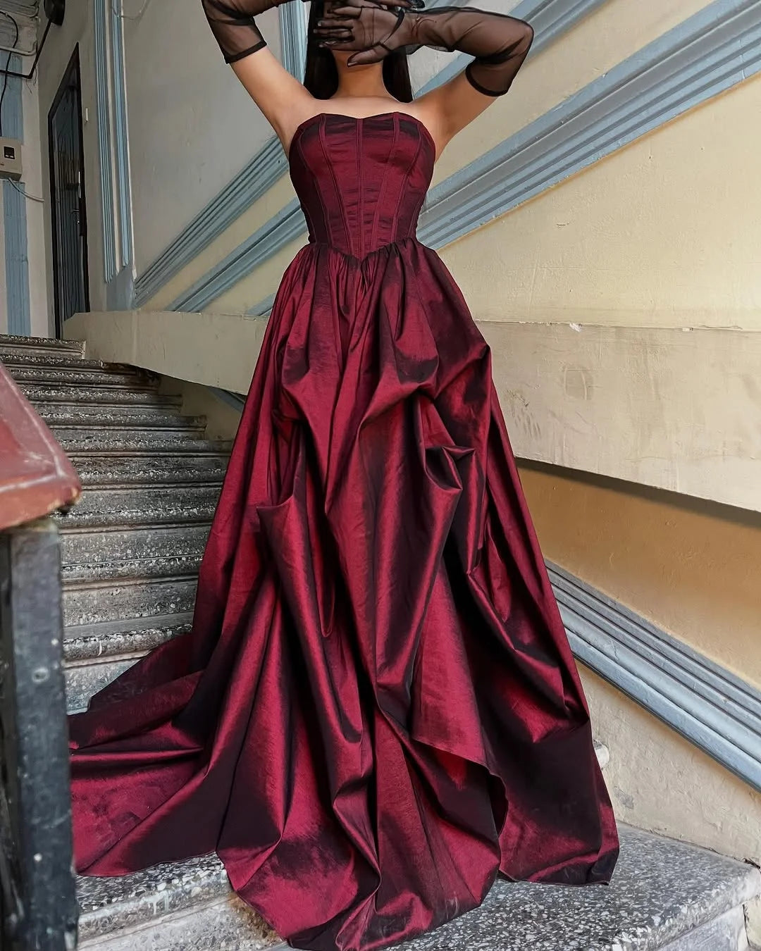 Glamorous Strapless Burgundy A-Line  Prom Dress With Gloves