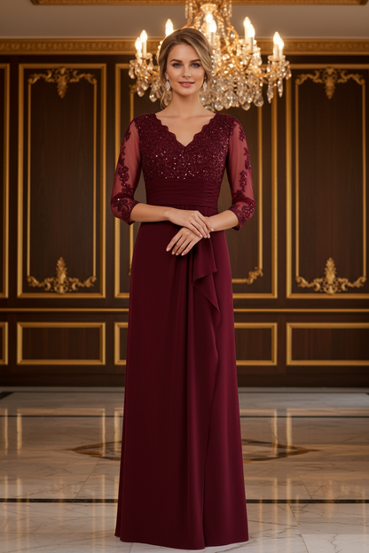 Elegant Burgundy Lace Applique V-Neck Mother of the Bride Dress