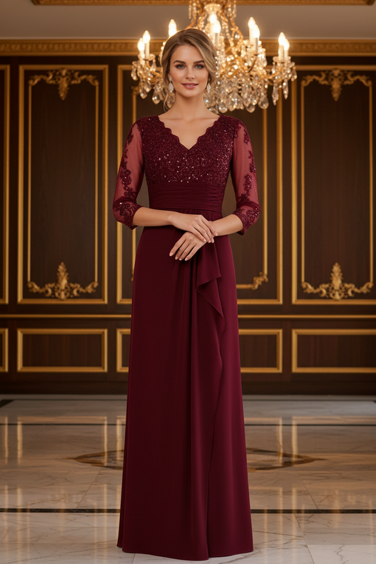 Elegant Burgundy Lace Applique V-Neck Mother of the Bride Dress
