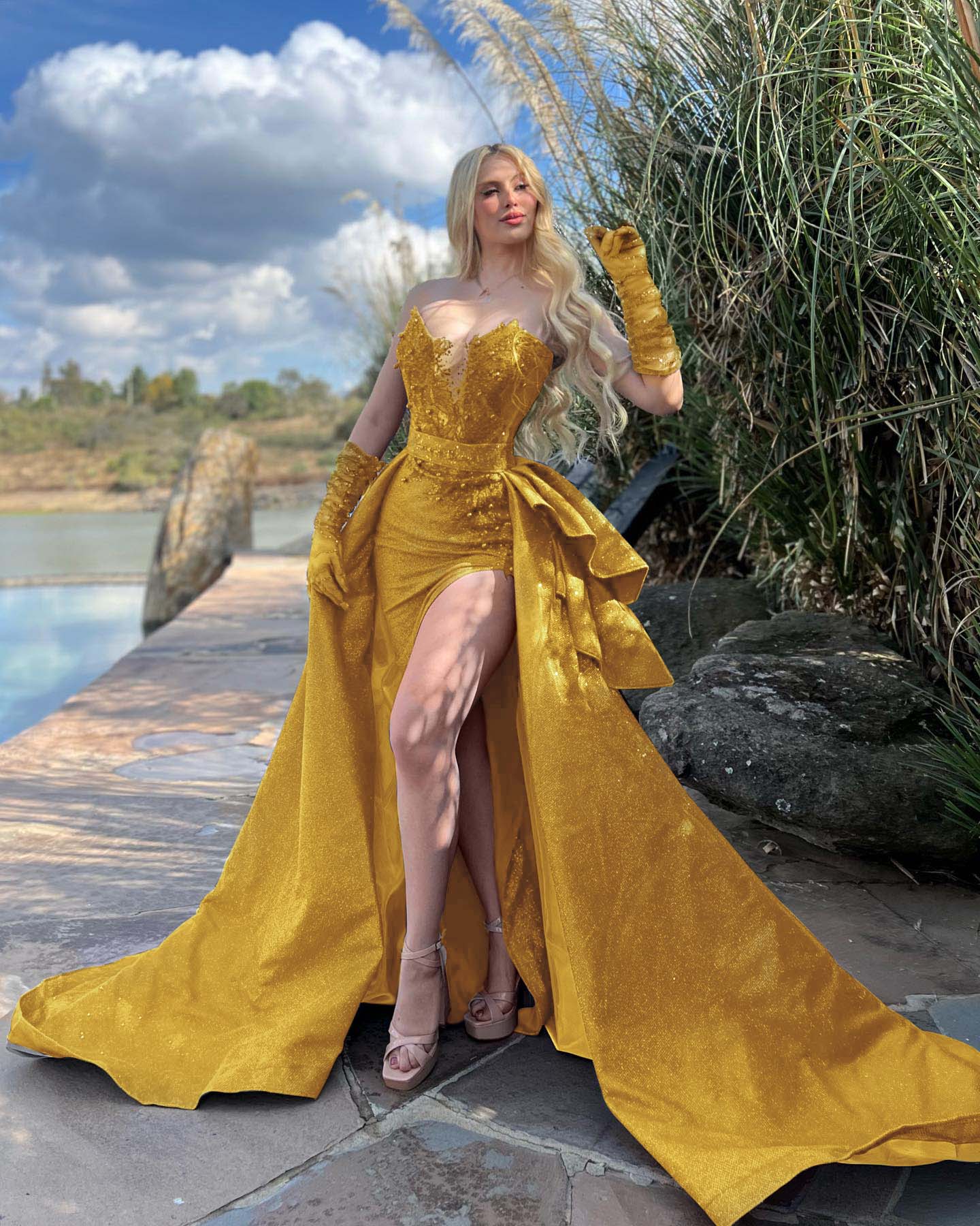 Asymmetrical-Neck Sleeveless Sequined Beaded Glitter-Satin Mermaid Prom Dress with Overskirt