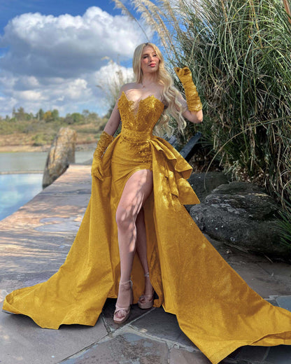 Asymmetrical-Neck Sleeveless Sequined Beaded Glitter-Satin Mermaid Prom Dress with Overskirt