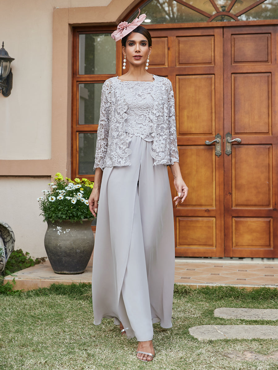 Chiffon Square Neck 3/4 Sleeves 3 Pieces Pantsuits with Appliques