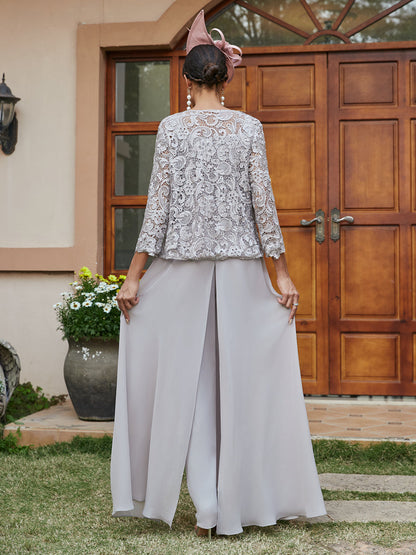 Chiffon Square Neck 3/4 Sleeves 3 Pieces Pantsuits with Appliques