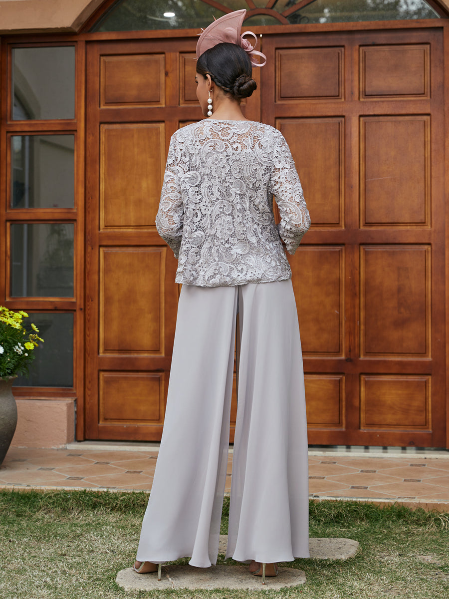 Chiffon Square Neck 3/4 Sleeves 3 Pieces Pantsuits with Appliques
