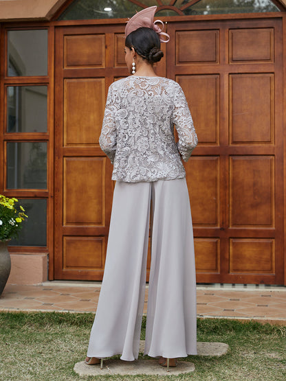 Chiffon Square Neck 3/4 Sleeves 3 Pieces Pantsuits with Appliques