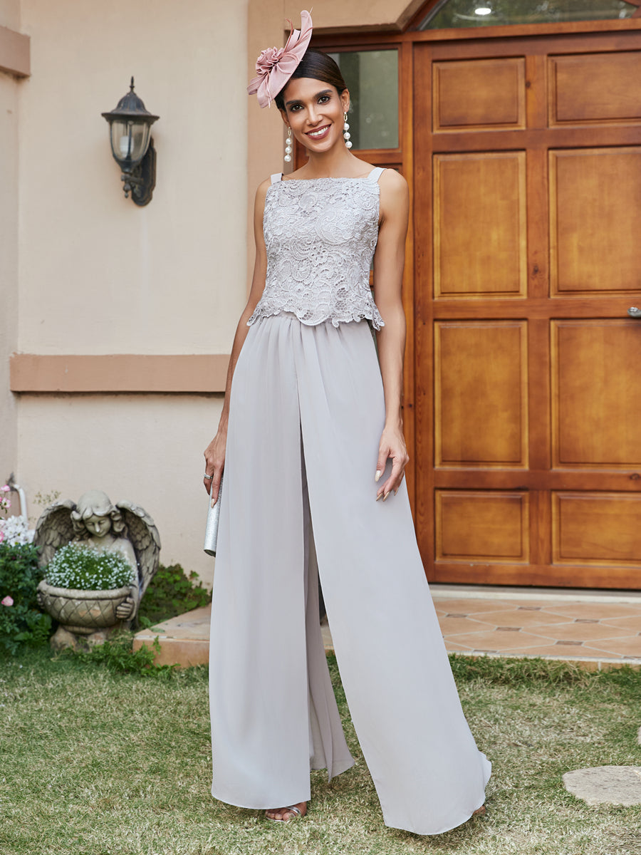 Chiffon Square Neck 3/4 Sleeves 3 Pieces Pantsuits with Appliques