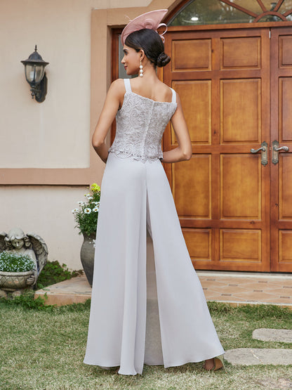 Chiffon Square Neck 3/4 Sleeves 3 Pieces Pantsuits with Appliques