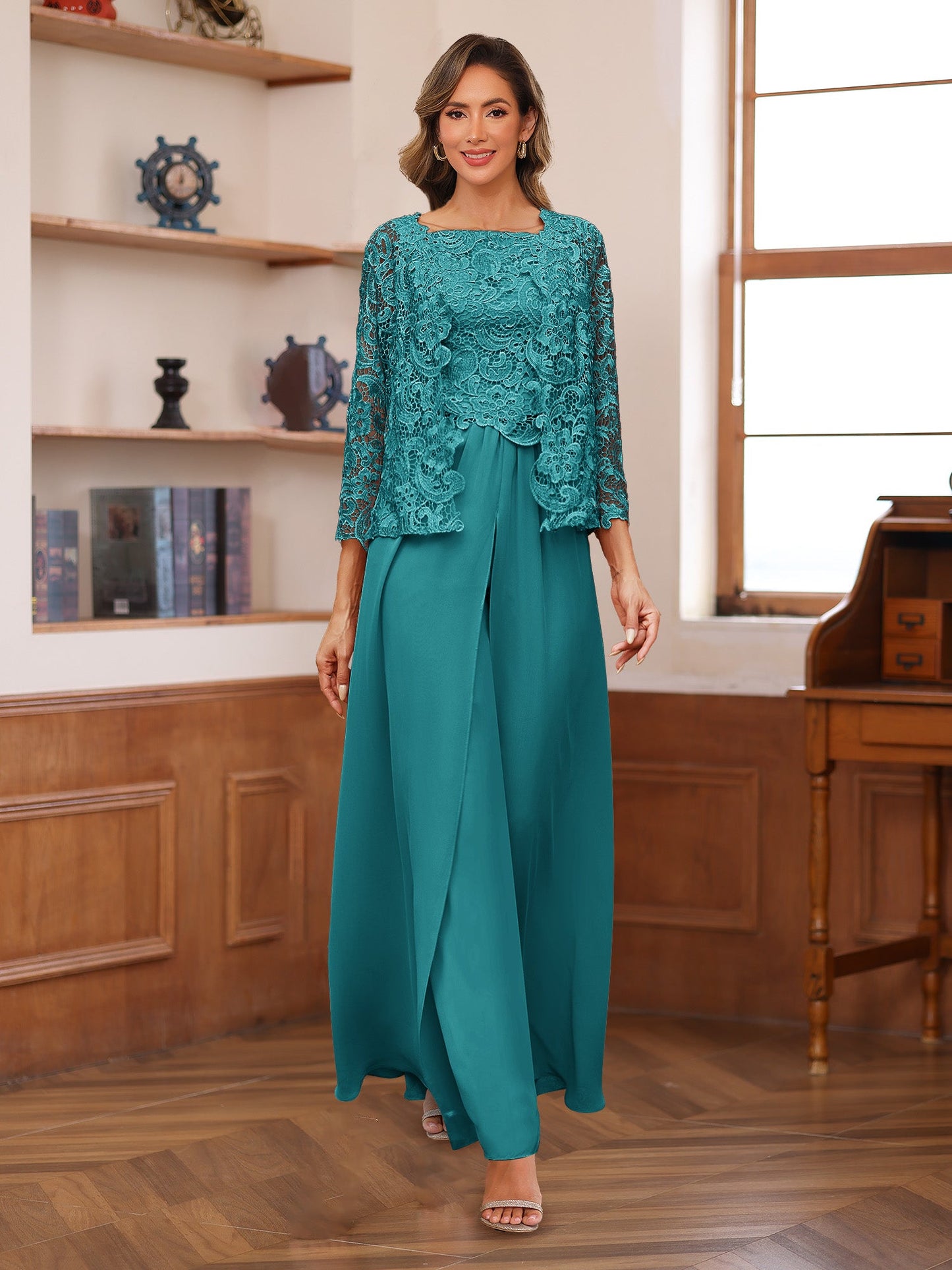 Chiffon Square Neck 3/4 Sleeves 3 Pieces Pantsuits with Appliques
