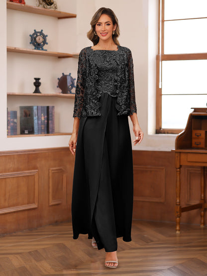 Chiffon Square Neck 3/4 Sleeves 3 Pieces Pantsuits with Appliques