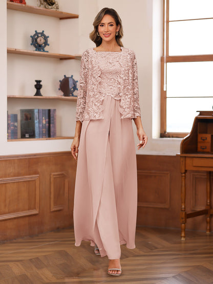 Chiffon Square Neck 3/4 Sleeves 3 Pieces Pantsuits with Appliques
