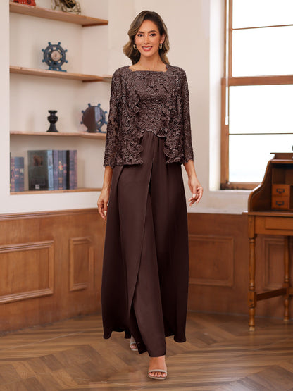 Chiffon Square Neck 3/4 Sleeves 3 Pieces Pantsuits with Appliques