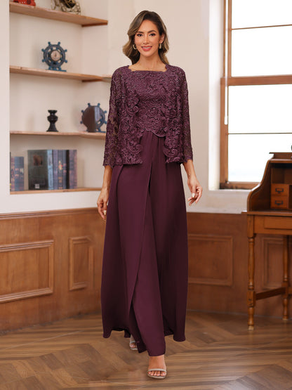 Chiffon Square Neck 3/4 Sleeves 3 Pieces Pantsuits with Appliques