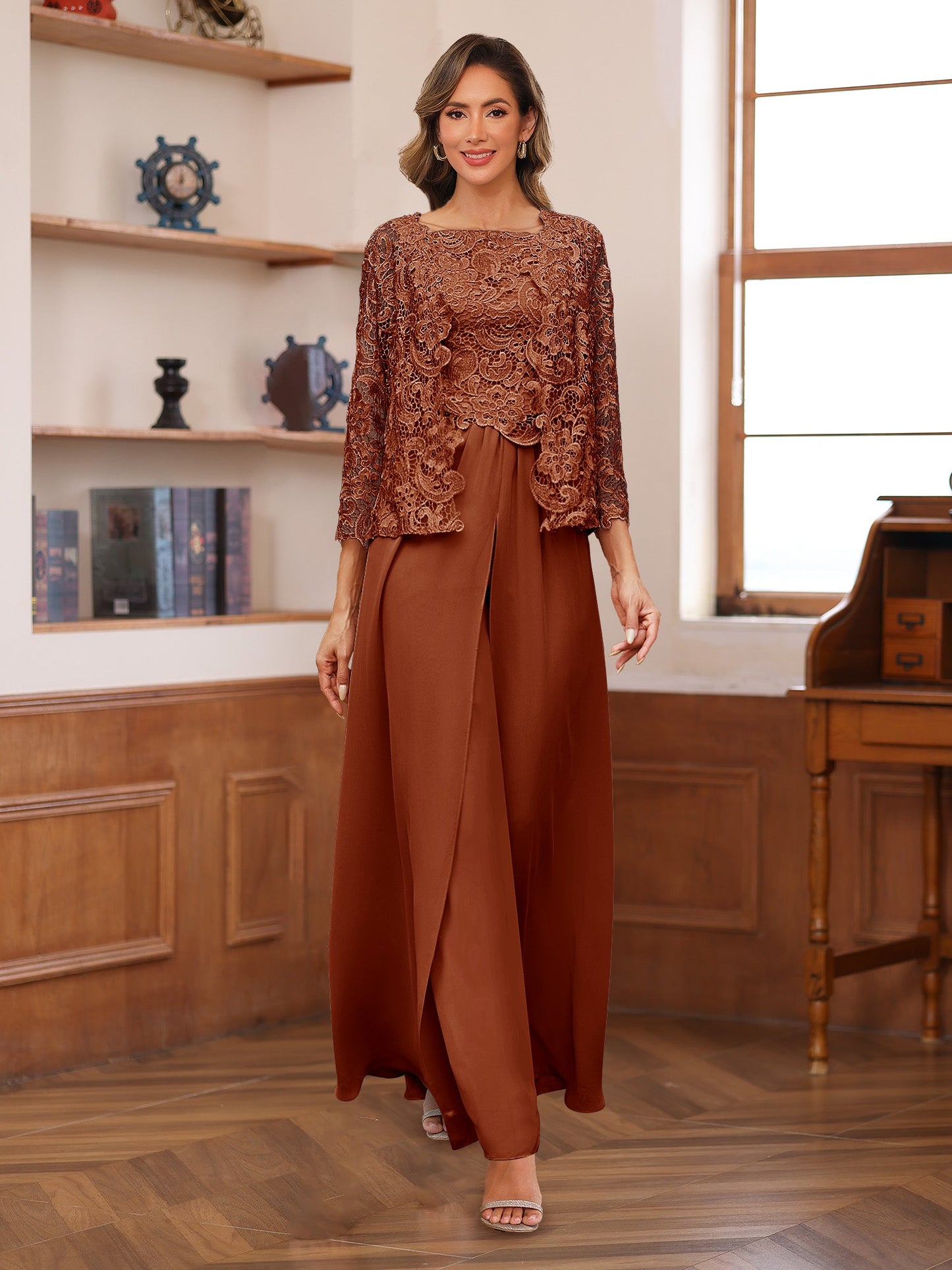 Chiffon Square Neck 3/4 Sleeves 3 Pieces Pantsuits with Appliques