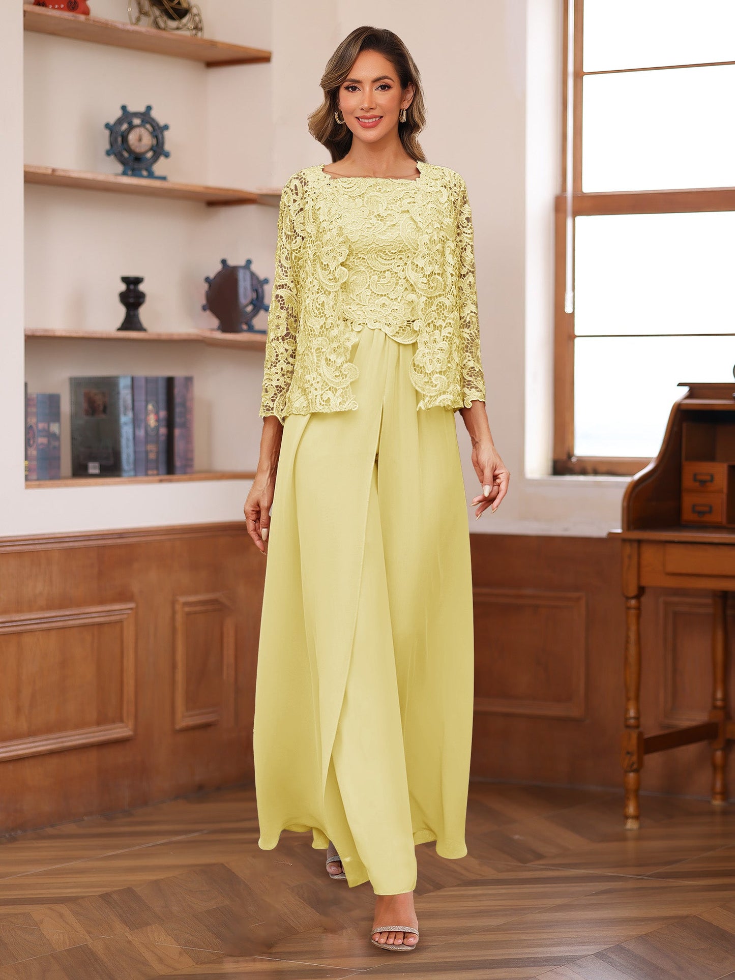 Chiffon Square Neck 3/4 Sleeves 3 Pieces Pantsuits with Appliques