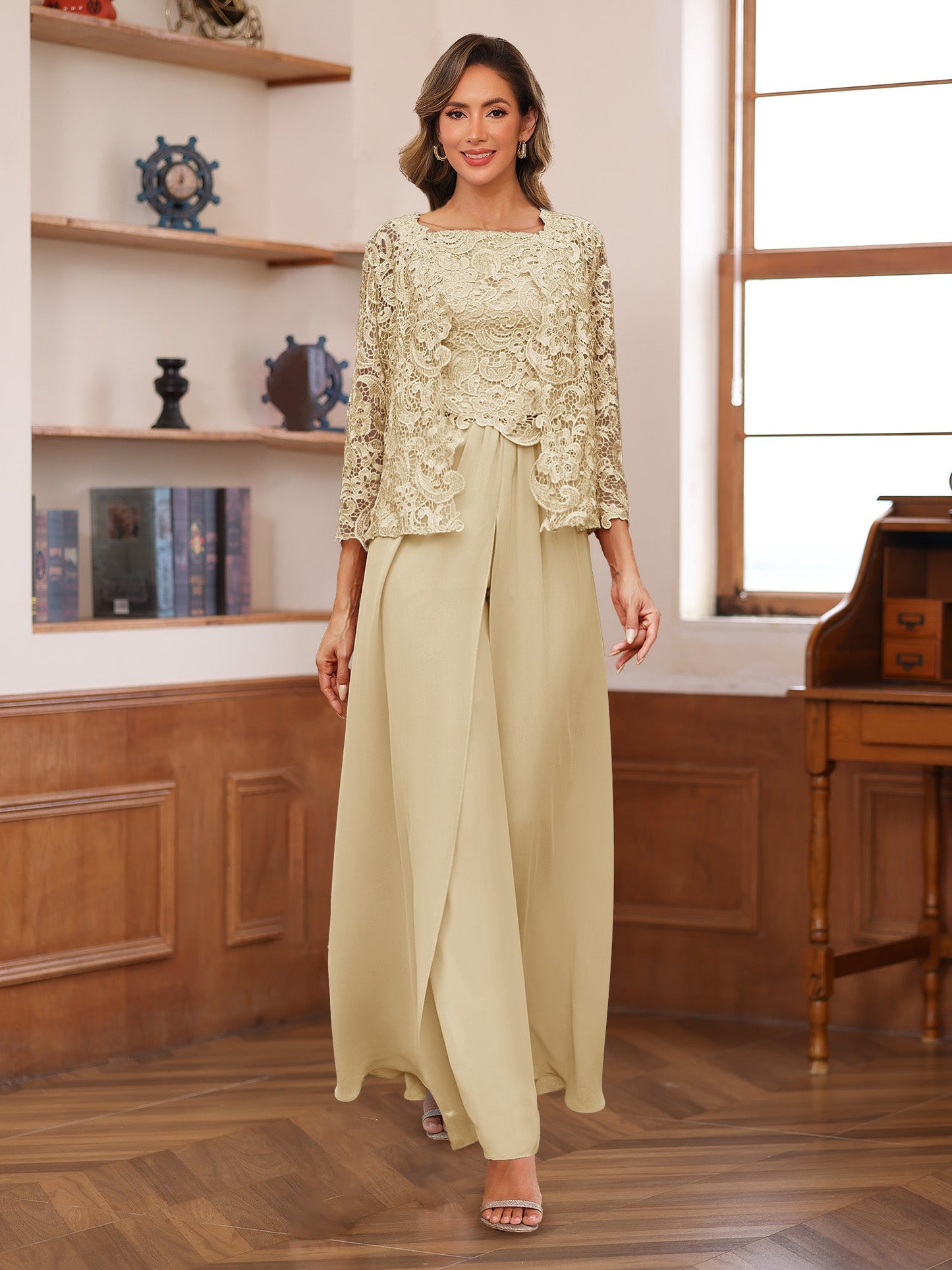 Chiffon Square Neck 3/4 Sleeves 3 Pieces Pantsuits with Appliques