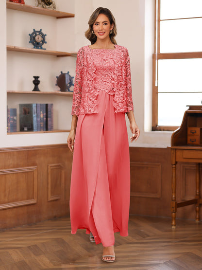 Chiffon Square Neck 3/4 Sleeves 3 Pieces Pantsuits with Appliques