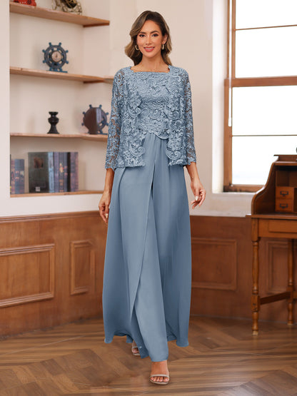 Chiffon Square Neck 3/4 Sleeves 3 Pieces Pantsuits with Appliques