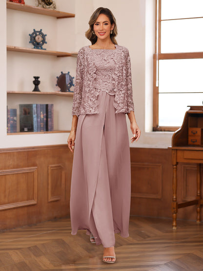 Chiffon Square Neck 3/4 Sleeves 3 Pieces Pantsuits with Appliques