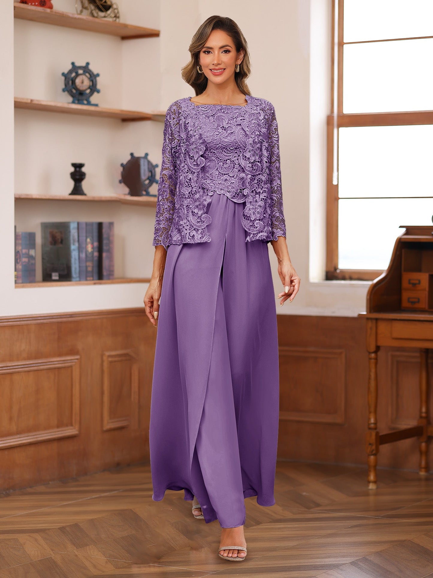 Chiffon Square Neck 3/4 Sleeves 3 Pieces Pantsuits with Appliques