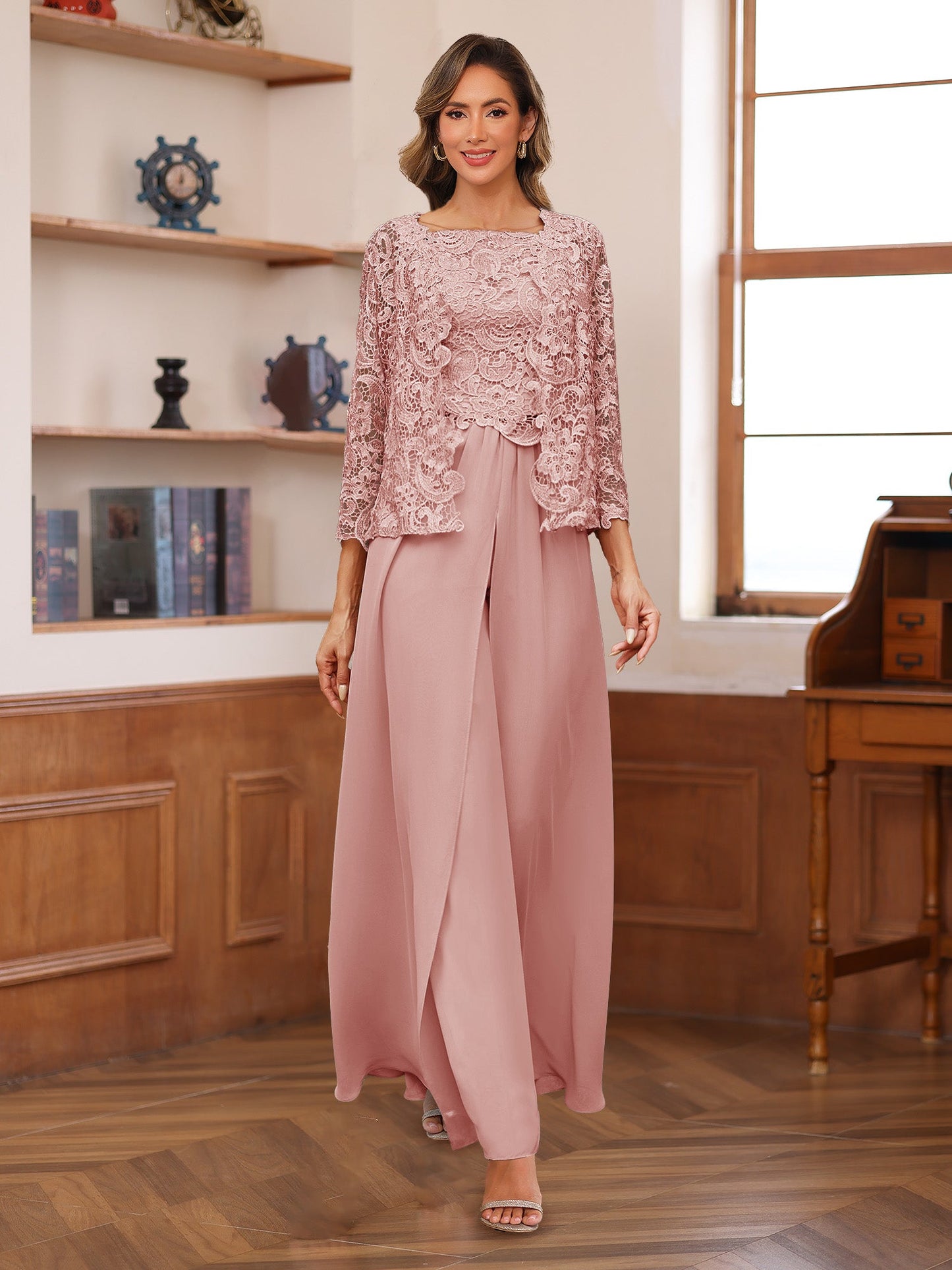 Chiffon Square Neck 3/4 Sleeves 3 Pieces Pantsuits with Appliques
