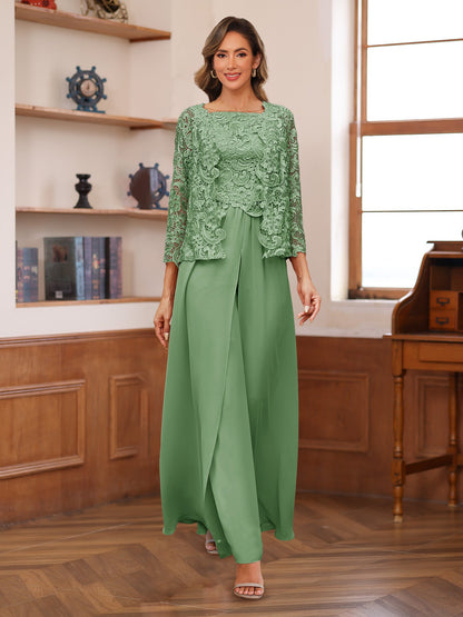 Chiffon Square Neck 3/4 Sleeves 3 Pieces Pantsuits with Appliques