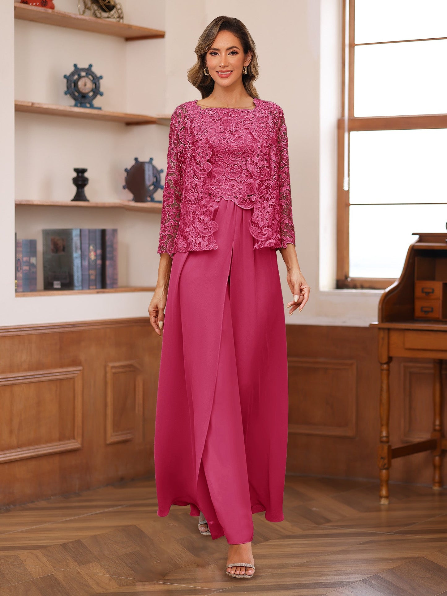 Chiffon Square Neck 3/4 Sleeves 3 Pieces Pantsuits with Appliques