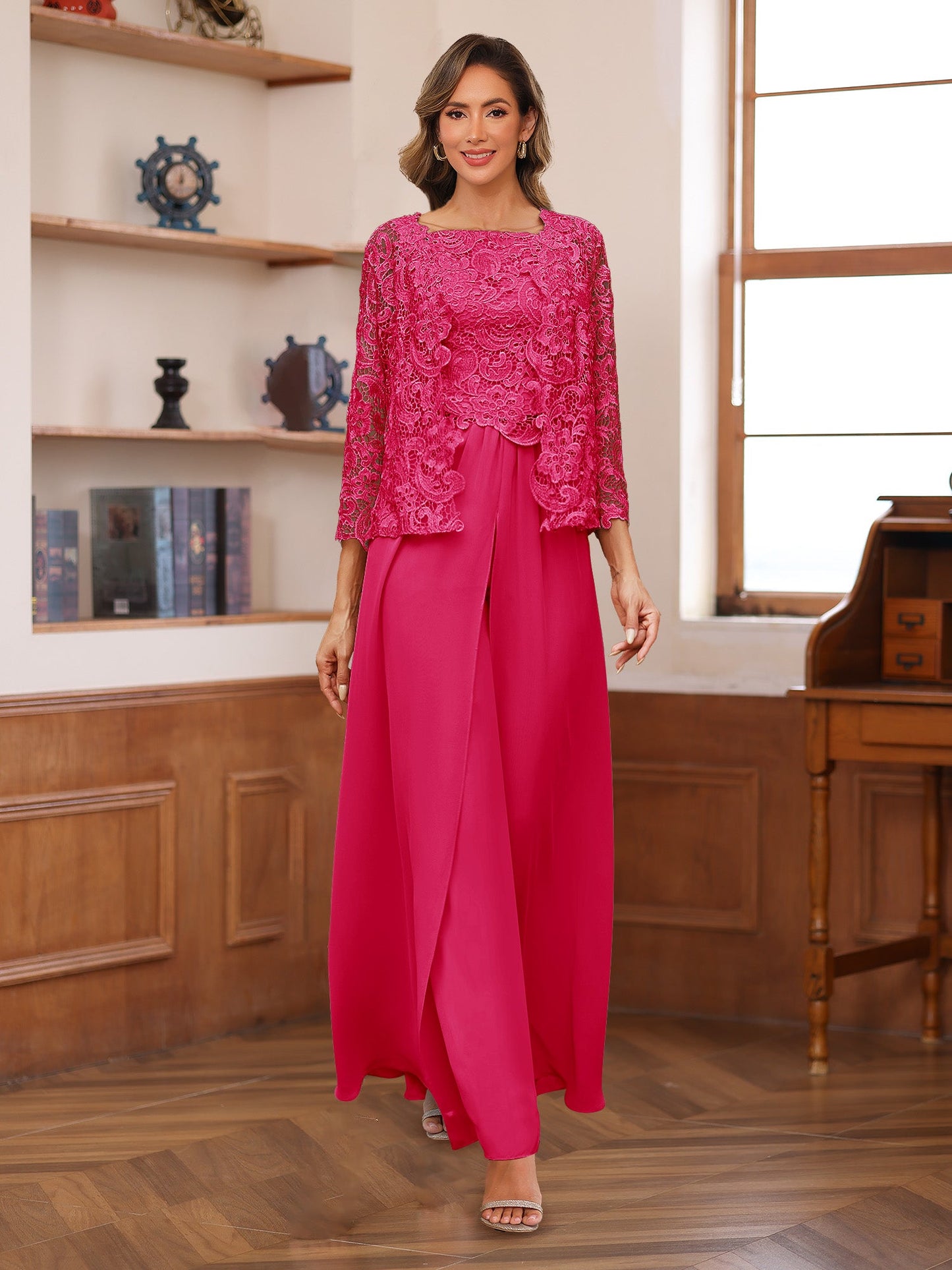 Chiffon Square Neck 3/4 Sleeves 3 Pieces Pantsuits with Appliques