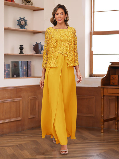 Chiffon Square Neck 3/4 Sleeves 3 Pieces Pantsuits with Appliques
