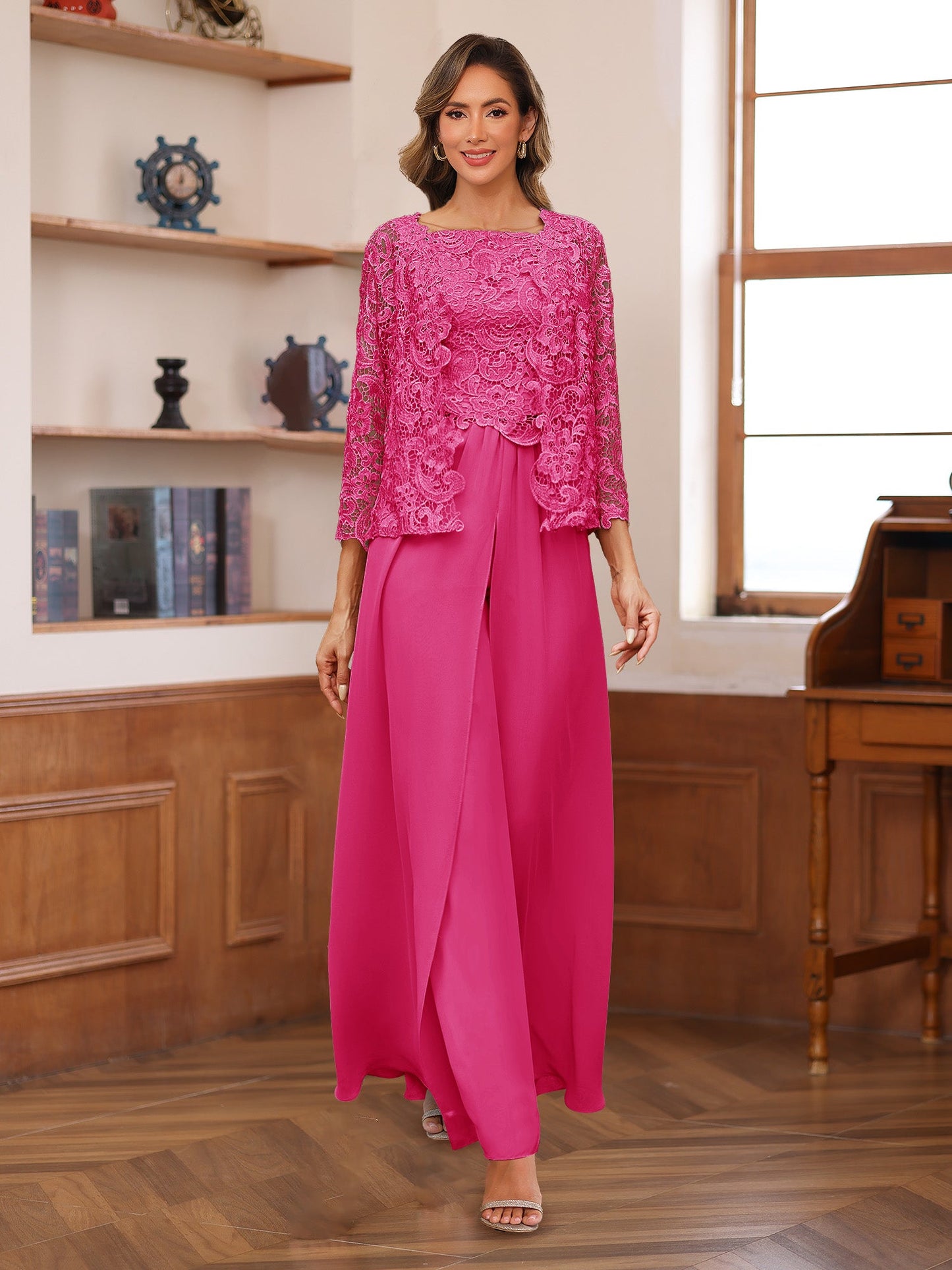 Chiffon Square Neck 3/4 Sleeves 3 Pieces Pantsuits with Appliques