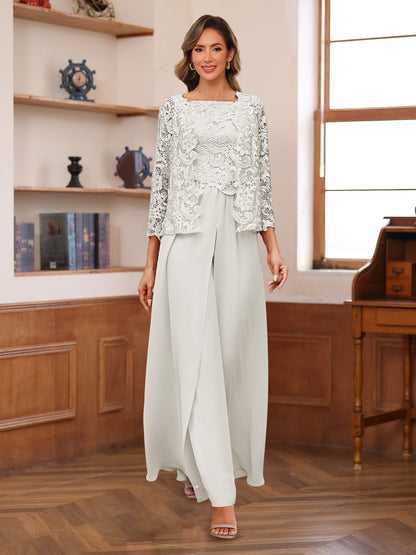 Chiffon Square Neck 3/4 Sleeves 3 Pieces Pantsuits with Appliques