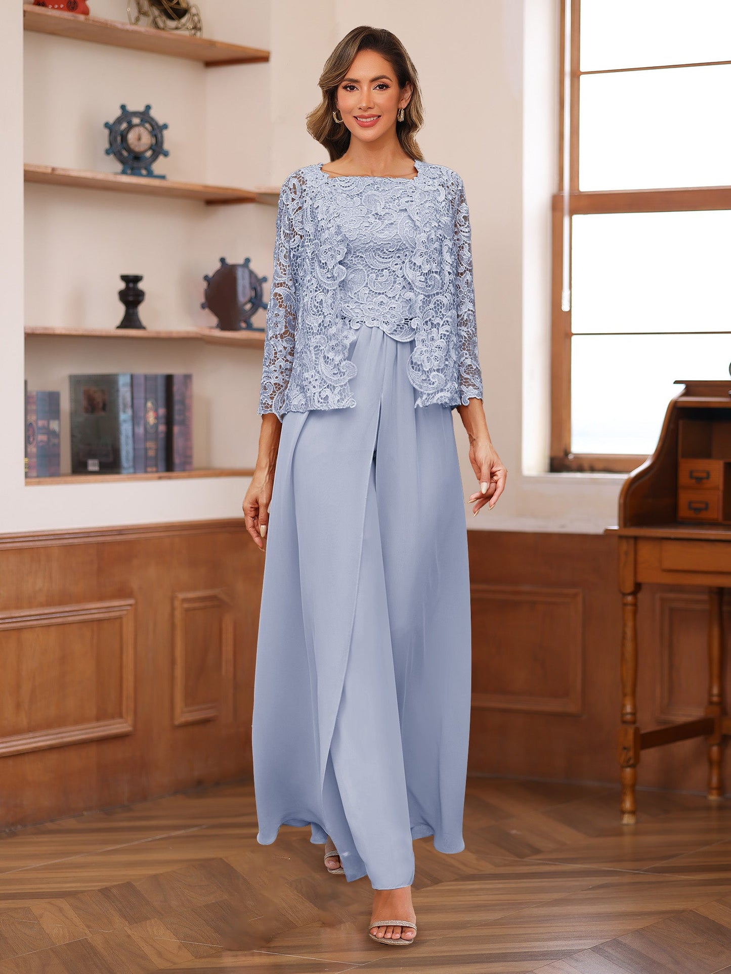 Chiffon Square Neck 3/4 Sleeves 3 Pieces Pantsuits with Appliques