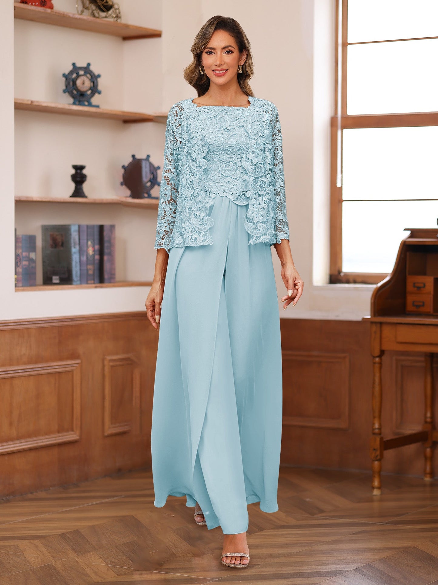 Chiffon Square Neck 3/4 Sleeves 3 Pieces Pantsuits with Appliques