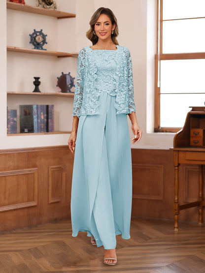 Chiffon Square Neck 3/4 Sleeves 3 Pieces Pantsuits with Appliques