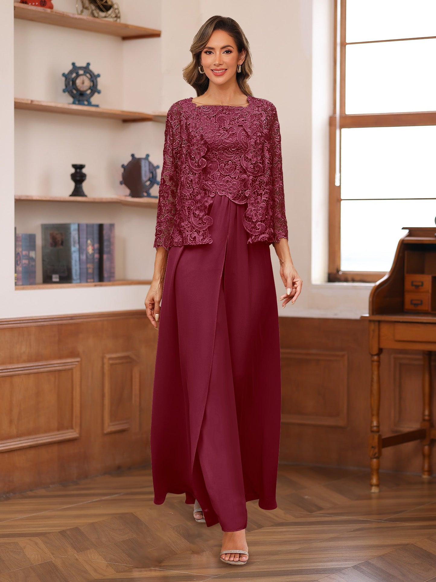 Chiffon Square Neck 3/4 Sleeves 3 Pieces Pantsuits with Appliques