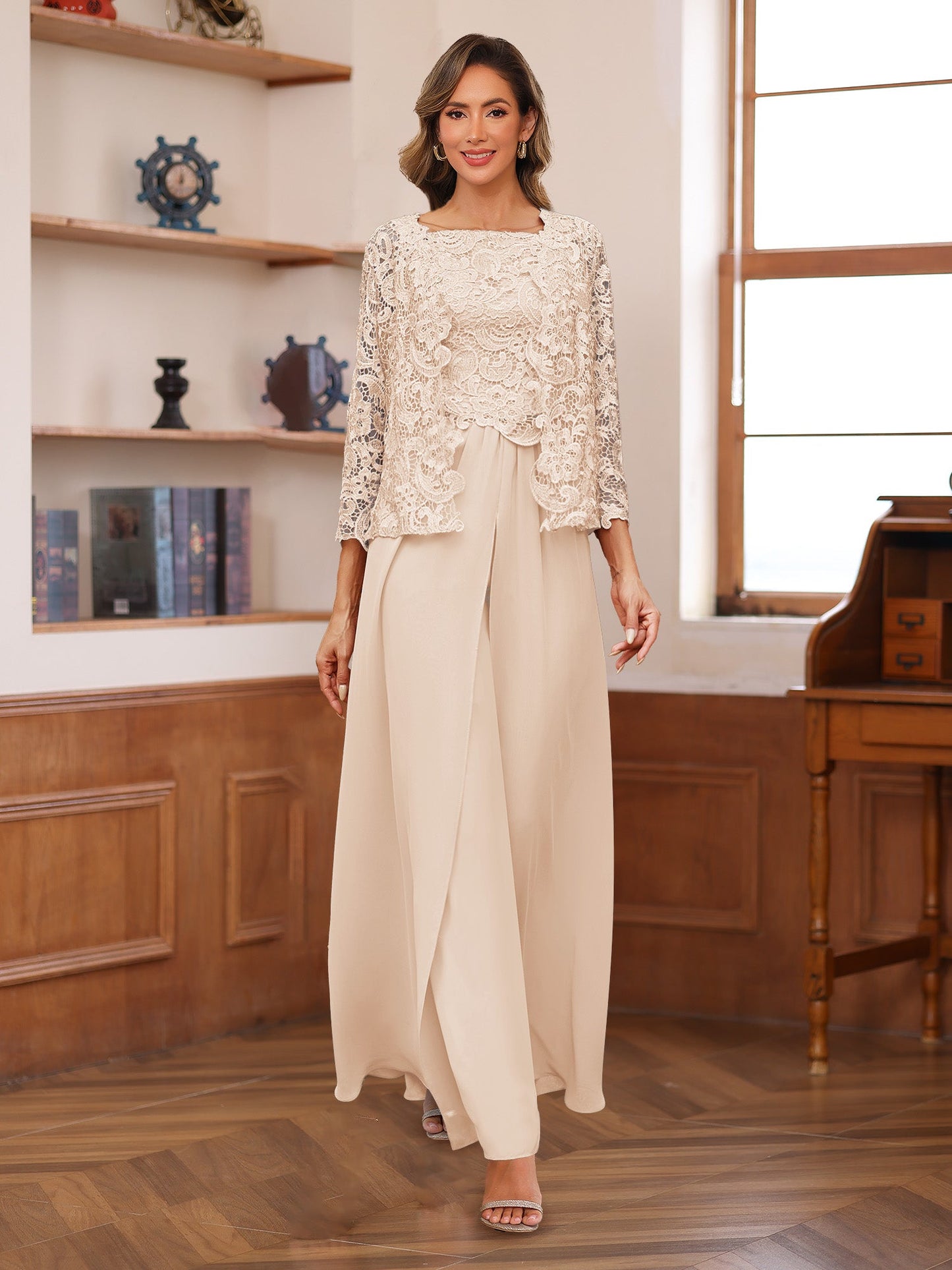 Chiffon Square Neck 3/4 Sleeves 3 Pieces Pantsuits with Appliques
