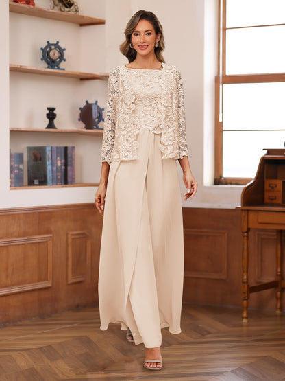 Chiffon Square Neck 3/4 Sleeves 3 Pieces Pantsuits with Appliques