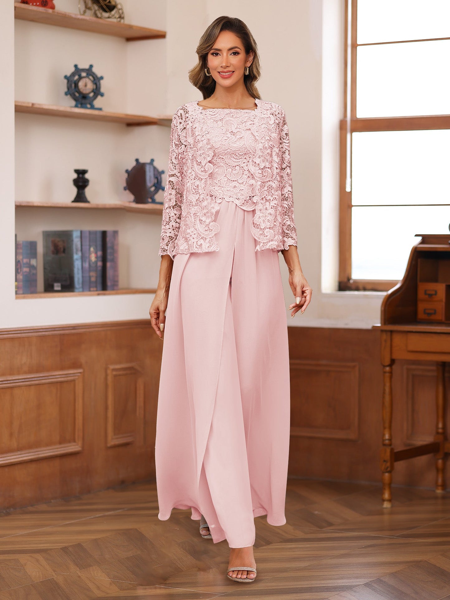 Chiffon Square Neck 3/4 Sleeves 3 Pieces Pantsuits with Appliques
