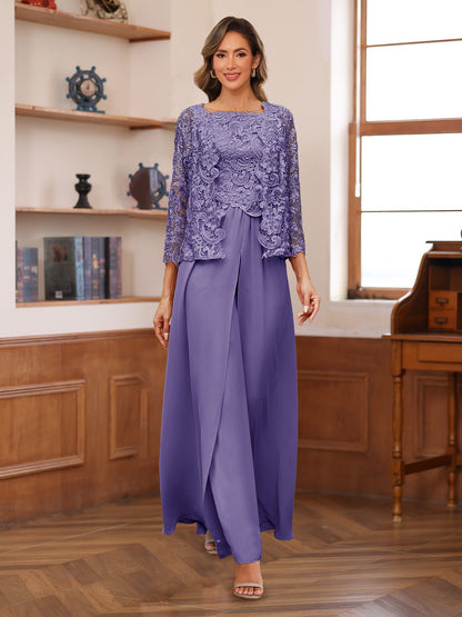 Chiffon Square Neck 3/4 Sleeves 3 Pieces Pantsuits with Appliques