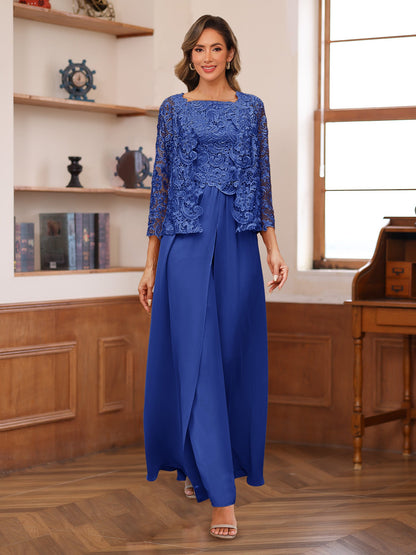 Chiffon Square Neck 3/4 Sleeves 3 Pieces Pantsuits with Appliques