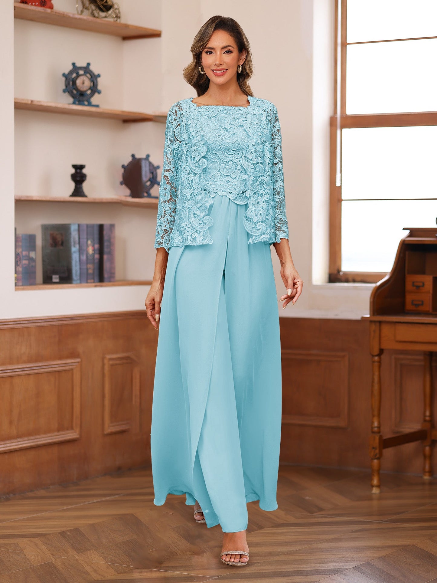 Chiffon Square Neck 3/4 Sleeves 3 Pieces Pantsuits with Appliques