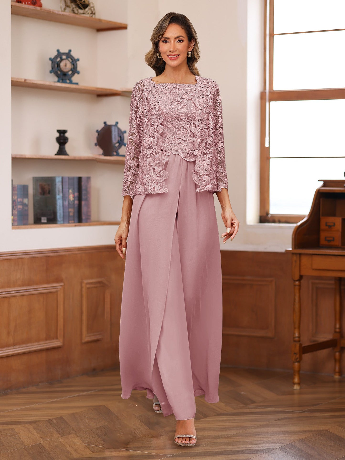 Chiffon Square Neck 3/4 Sleeves 3 Pieces Pantsuits with Appliques