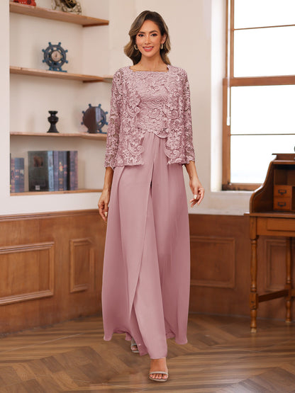 Chiffon Square Neck 3/4 Sleeves 3 Pieces Pantsuits with Appliques