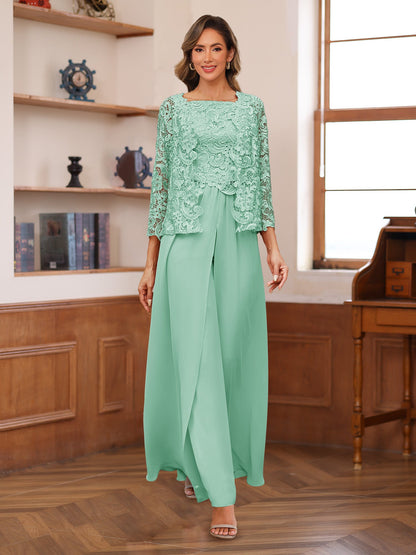 Chiffon Square Neck 3/4 Sleeves 3 Pieces Pantsuits with Appliques