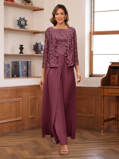 Chiffon Square Neck 3/4 Sleeves 3 Pieces Pantsuits with Appliques