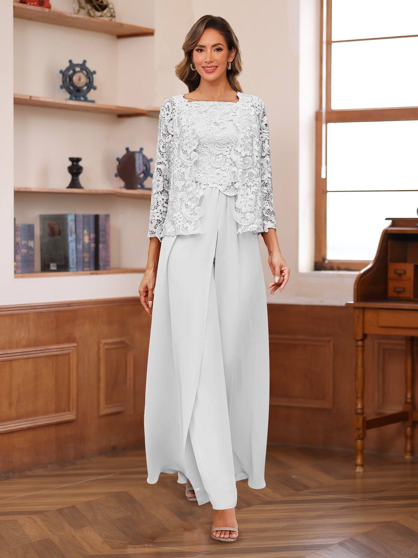 Chiffon Square Neck 3/4 Sleeves 3 Pieces Pantsuits with Appliques