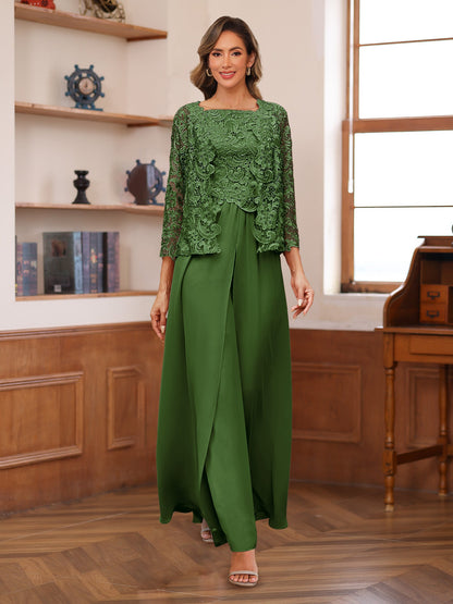Chiffon Square Neck 3/4 Sleeves 3 Pieces Pantsuits with Appliques